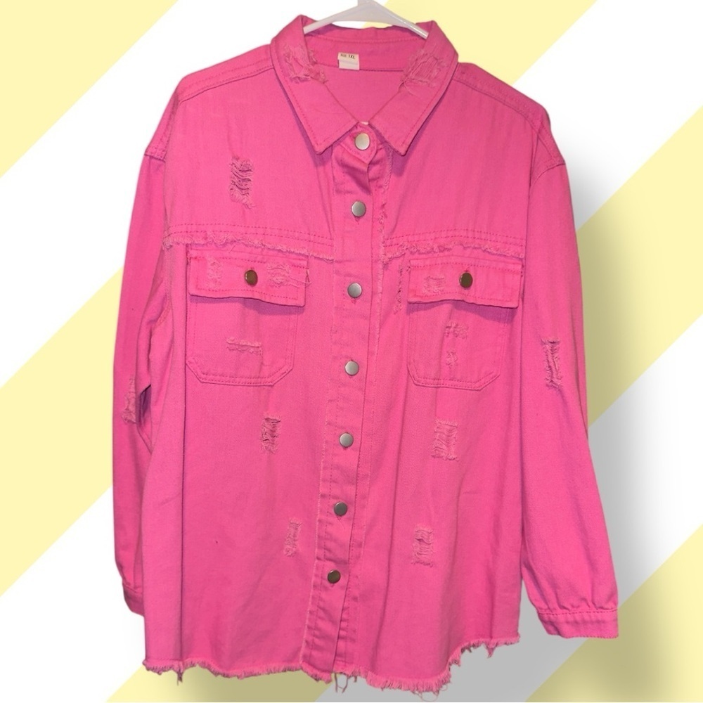 🌺NEW-BARBIE PINK DISTRESSED DENIM SHIRT-JACKET